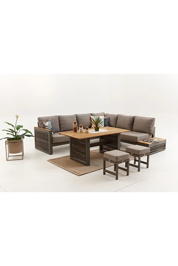 Alex Alüminyum Bahçe Balkon Köşe Takımı -cappucino (MASA TABLASI DÜZ KESİM OLARAK GELMEKTEDİR)